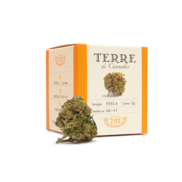 Packaging of Hemp Cannabis Flowers Terre Di Cannabis Perla with 20% CBD product shot right