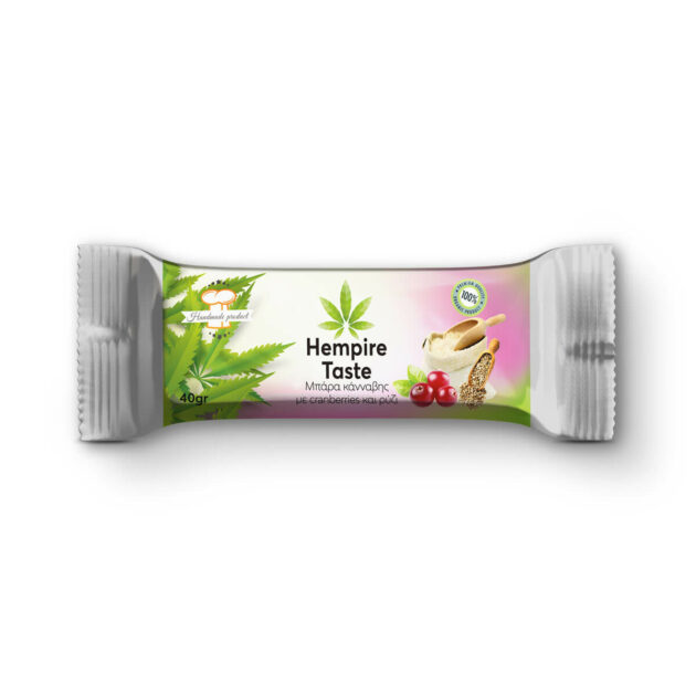 Cannabis cereal bar packaging with hemp seeds, rice and cranberries.