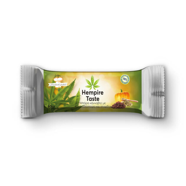 Packaging of Cannabis Energy Hemp Bar with Pumpkin Seeds, Hemp Protein & Raisins - 60gr