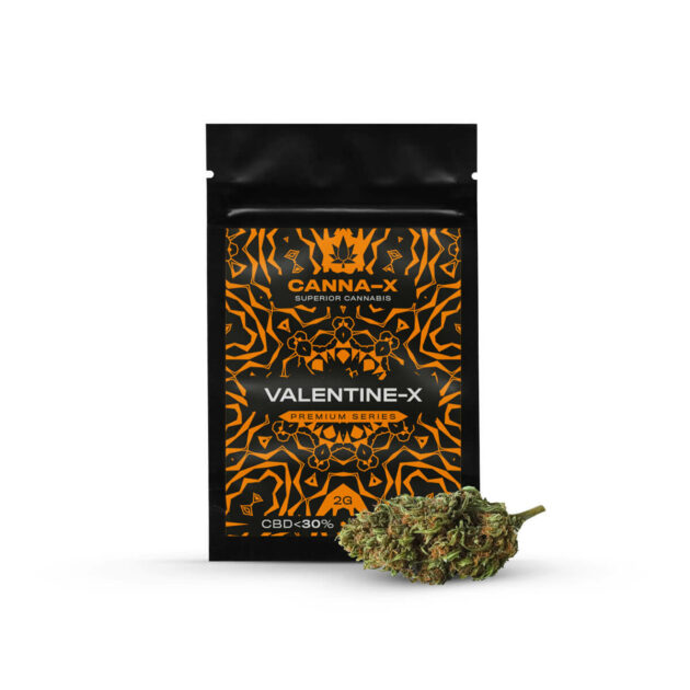 Canna-X Cannabis Flowers Valentine X Premium Series with 30% CBD Concentrate of 2 grams packaging.